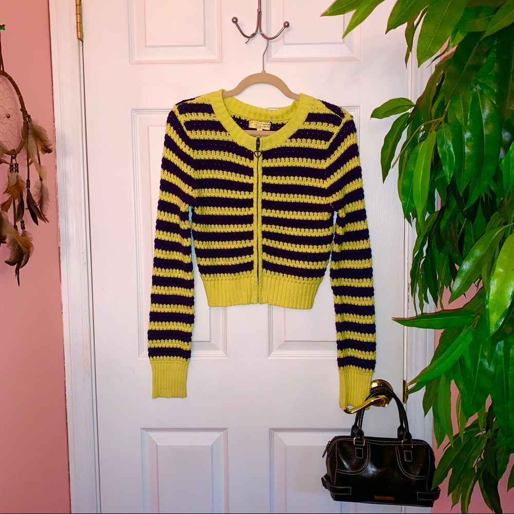 ❗️SOLD❗️ Cropped Yellow & Navy Blue Striped Zip Up Sweater